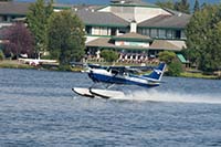 A view of a float plane take off with our Anchorage Hotel in the background