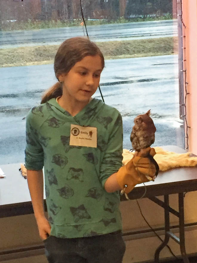 American Bald Eagle Foundation presentation of an Eastern Screech Owl by one of the Junior Raptor Handlers