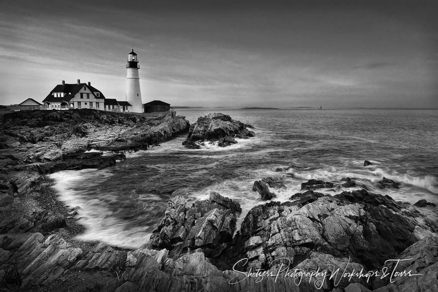 Black and white landscape with Portland Head Light