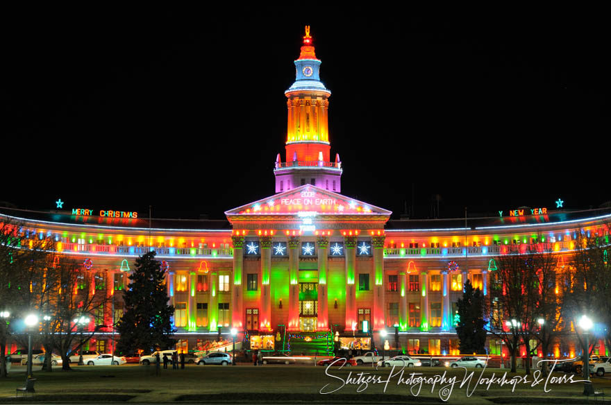 City and County Building in Denver with Christmas lights