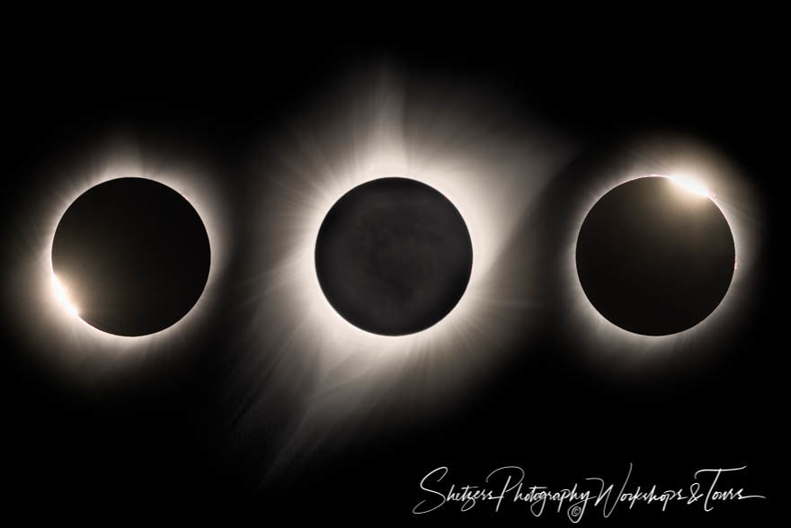 Phases of solar eclipse at totality with diamond rings and coron