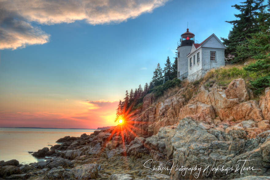 Sunset on Bass Harbor Head Lighthouse in Acadia National Park