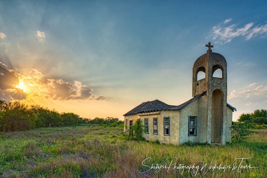 Abandoned church with sunset in Texas