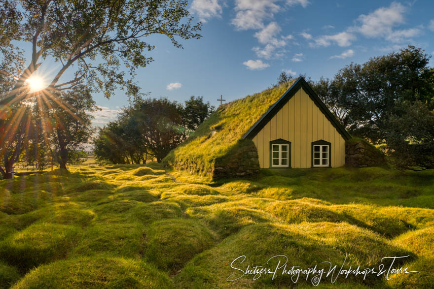Sunset Over Turf Roofed Church in Iceland