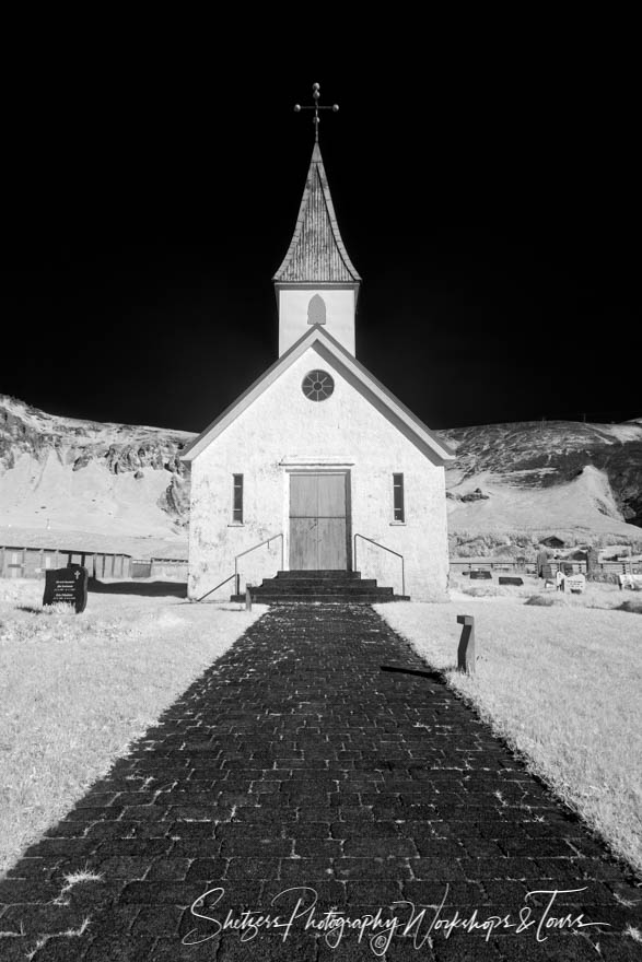 Black and White Photo of Reyniskyrka Church in Iceland