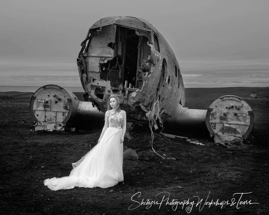 Infrared Wedding Photo with Airplane Wreckage